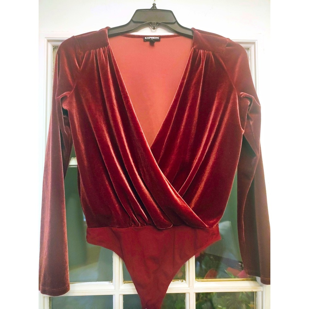 Express Velvet Bodysuit M Burgundy Surplice Wrap V Neck Long Sleeve Holiday